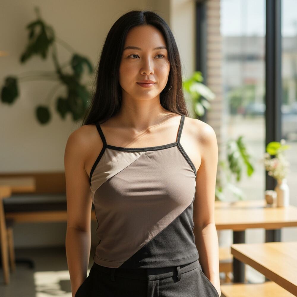 Vintage Y2K 2000s In Charge Brown Tank Top Large Neutral Color Block Neutral